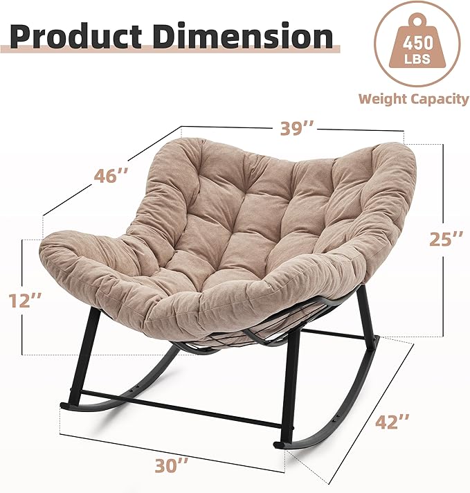 Oversized Rocking Chair Indoor, Papasan Rocking Chair Outdoor, Lounge Chair with Cushion, Patio Egg Rocker Chairs, Comfy Reading Chairs for Bedroom, Living Room, Garden, Lawn, Khaki