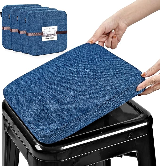 BUYUE Friendly Woven Fabric Magnetic Bar Stool Cushions Set of 4, Enhanced Anti-Slip Breathable Small Chair Seat Pads for Café Bistro Stackable Metal Stools (Square, Dark Blue, 4 Counts)