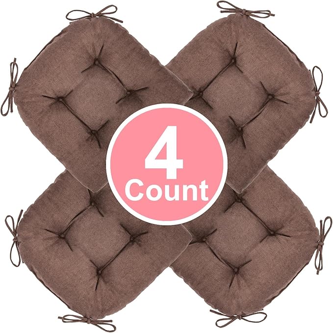 Chair Cushion, Chair Cushions for Dining Chairs, Chair Pads and Mat with Ties for Indoor Kitchen Seat and Desk (Dark Coffee, 4 Count - 17 x 16 in)