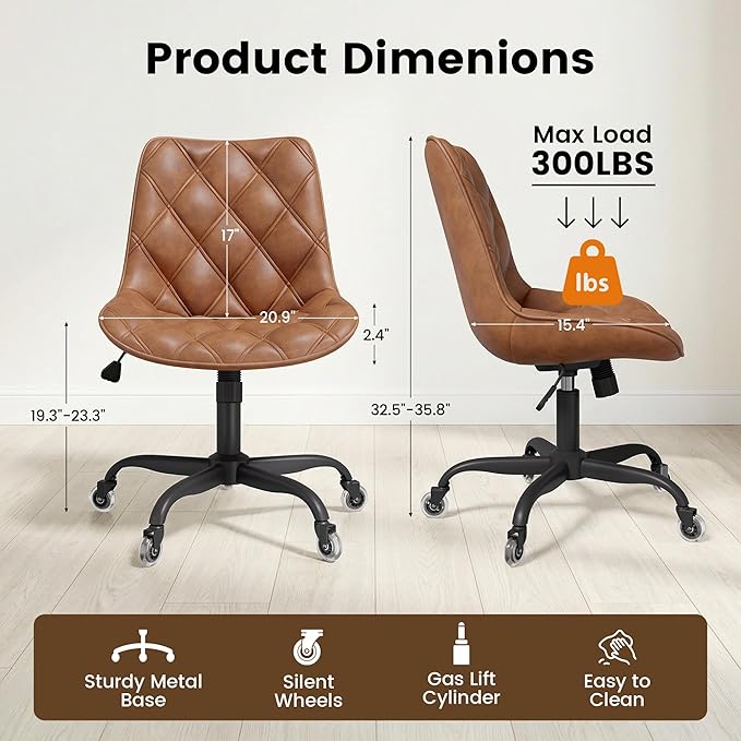 Armless Office Chair, Mid Back Modern Desk Chair with Rubber Wheels, 360 Swivel PU Leather Office Chair No Arms, Adjustable Height Small Computer Chair, Armless Desk Chair for Office, Brown