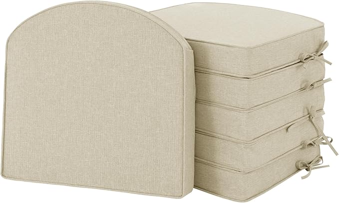Outdoor Chair Cushions, Fade-Resistant & Water-Resistant, D Shaped Patio Furniture Seat Chair Pads Replacement with Ties, Non-Slip Bottom, Removable Cover, Set of 6, 19 x 19 Inch, Beige