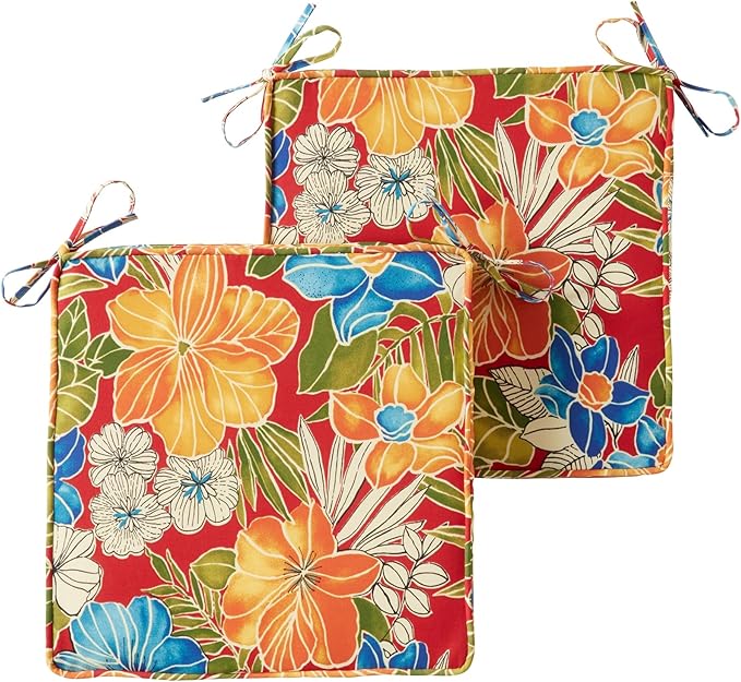 Outdoor 18 inch Square Patio Dining Chair Pads – Comfortable Fiber-Filled Seat Cushions with Ties, Reversible Polyester Fabric - Aloha Red Floral, Set of 2