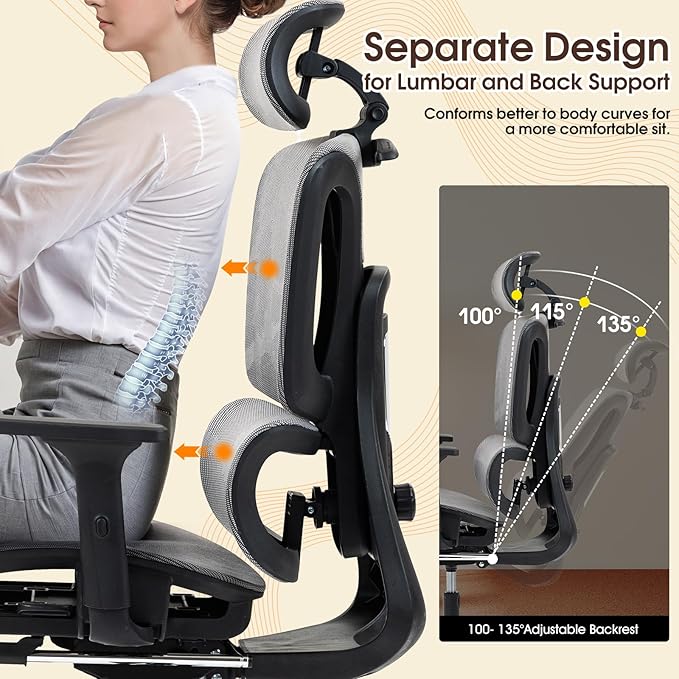 ECOTOUGE Mesh Ergonomic Office Chair with Footrest, High Back Mesh Gaming Chair with Lumbar Support, Adjustable Headrest and Armrests for Home Office Desk Chair, Grey