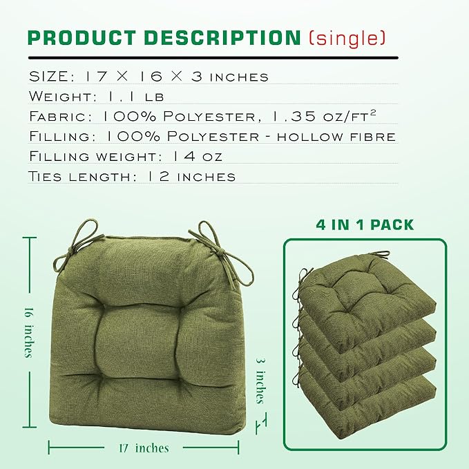 SQUARE MOON Chair Cushions for Dining Chairs, 3 Inch Thick Comfortable Kitchen Chair Pads, Dining Room Seat Cushions with Ties, Machine Washable, 17" x 16" x 3", 4/Pack, Olive Green