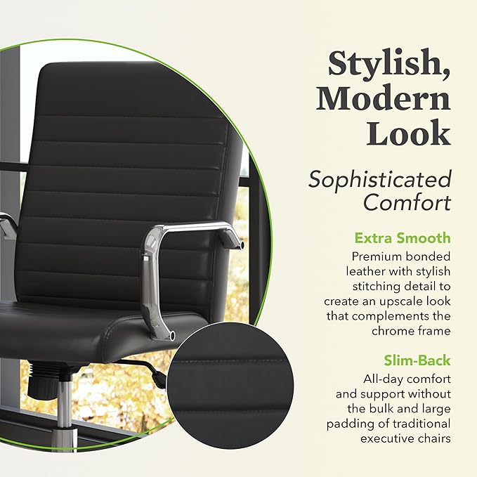 HON Sadie Executive Ergonomic Office Chair with Leather Upholstery, Chrome Arms and Back Support, Mid Back Desk and Computer Chair for Home Office or Conference Room, 360 Swivel, Black
