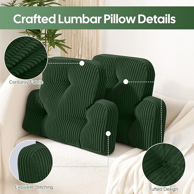 Lumbar Support Pillow for Recliner Chair/Couch/Car, Large Back Support Pillow for Office Chair for Elderly, Tufted Corduroy Back Cushion, Ideal for Pain Relief, Reading&Gaming, Green