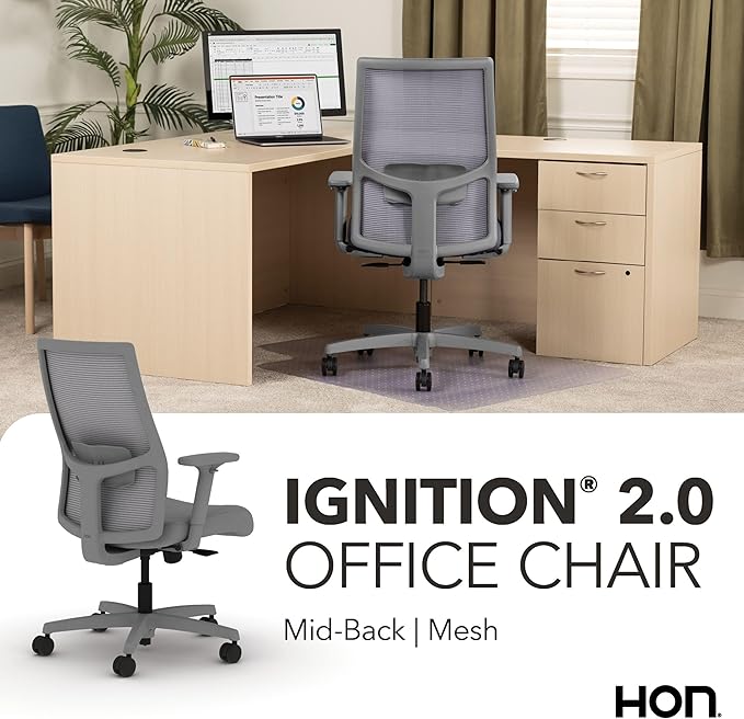 HON Ignition 2.0 Mid Back Task Chair, Standard Synchro-Tilt Control, Office Chair with Lumbar Support, Height and Width Adjustable Arms, Titanium Frame, Frost