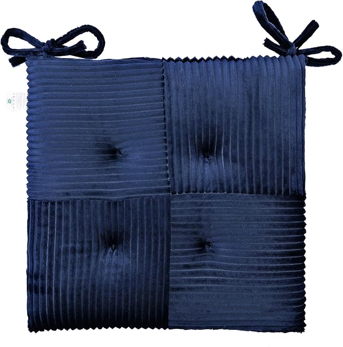 Office Stacking Chair Cushion with Ties, Corduroy High Density Foam Non-Slip Kitchen Seat Cushion, Square 17" x 17" Indoor Dining Chair Pads, Navy Blue, 1 PCS