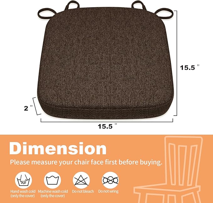 SINOSSO Memory Foam Chair Cushions for Folding Chairs 6 Pack, Thickened 2" Square Pads with Ties for Kitchen Chairs, Indoor Non-Slip Dining Chair Seat Cushions (Set of 6, Dark Brown)