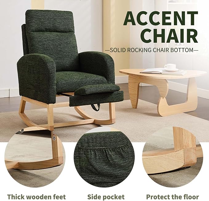 40" Fabric Nursing Rocking Chair, Nursery Chairs with Adjustable Foot Rest, High Backrest Upholstered Arm Chair with Side Pockets, Wood Rocking Chair for Living Room, Bedroom, Baby Room (Dark Green)