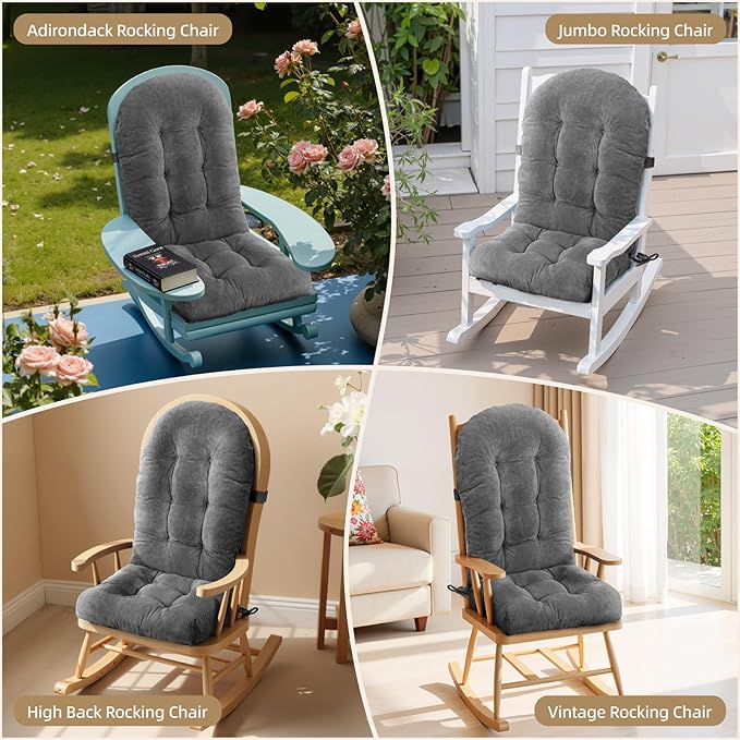Rocking Chair Cushion - Corduroy Fabric, High-Density Sponge, Durable Comfort Non-Slip Bottom Tufted Seat Pads with Ties, Corduroy︱Grey, 44x19x4 inch