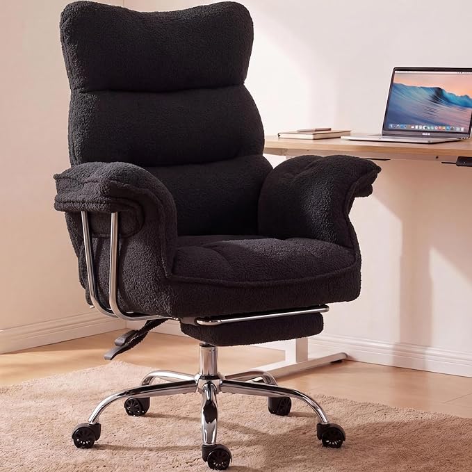 Dowinx Big and Tall Office Chair, Ergonomic Desk Chair with Thick Cushion, Wide Seat & Armrests Computer Gaming Chair,High Back Reclining Teddy Fleece Criss Cross Chair with Foot Rest, Black