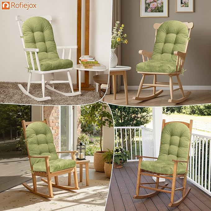 Rocking Chair Cushion - Chenille Fabric, High-Density Sponge, Durable Comfort Double-Sided Tufted Seat Pads with Ties, Chenille︱Avocado Green, 44x19x4 inch