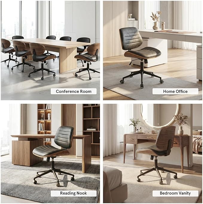 Sytopia Small Desk Chair for Home Office, Adjustable Height Swivel Armless Office Chair No Arms, Mid Century Modern Chair with Wheels, Walnut Wooden Sturdy Furniture, Easy Assembly, Vintage Black