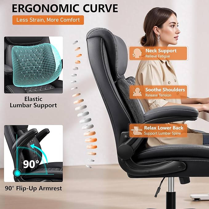 BESTFAIR Office Chair, Ergonomic Computer Desk Chairs with Lumbar Support for Lower Back Pain Relief, Executive Leather Home Chair Comfy with Padded Flip-up Armrests, Black