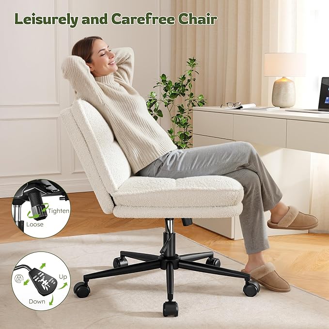DurayLoly Criss Cross Chair with Wheels, 6.2" Extra Thick Cross Legged Office Chair, Height Adjustable Swivel Design for Home Office, Study & Vanity,White