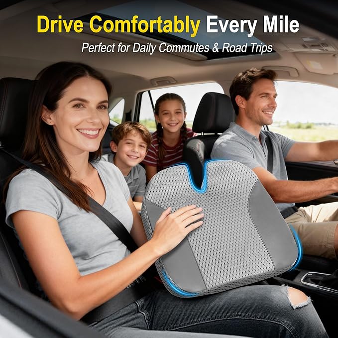 Lofty Aim Car Seat Cushion: Ergonomic Memory Foam Cushion for Driving and Long Drives, for Sciatica and Back Pain, Seat Pillow for Car, Truck, Office Chair, Home, Wheelchair - Gray