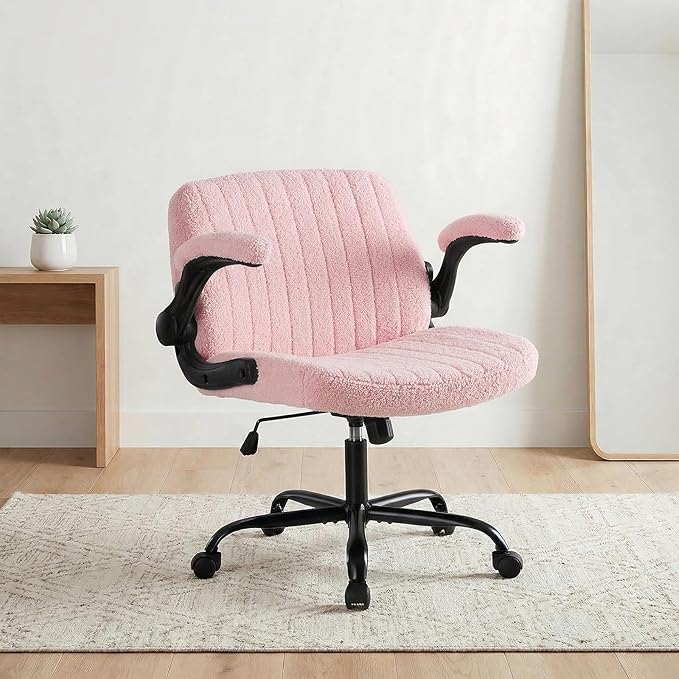 DUMOS Criss Cross Home Office Chair with Wheels, Wide Cross Legged Desk Vanity Chair Comfy Fabric Flip-Up Armrests Adjustable Swivel Chairs for Home Computer Bedroom, Teddy Pink