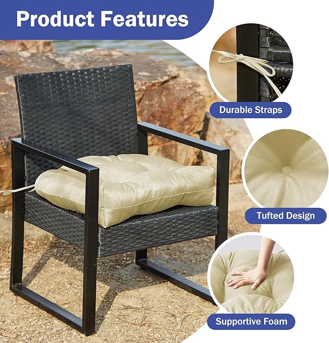 IPYNBAP Outdoor Chair Cushions Set of 2, Patio Chair Cushions with Ties, 19x19+5” Tufted Outdoor Seat Cushions, Waterproof Patio Furniture Cushions, Outdoor Dining Chair Pads, Beige