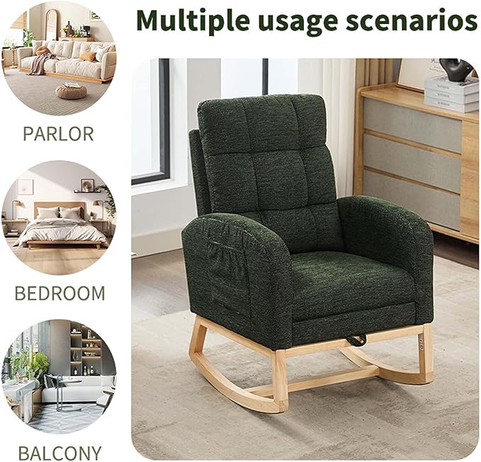 40" Fabric Nursing Rocking Chair, Nursery Chairs with Adjustable Foot Rest, High Backrest Upholstered Arm Chair with Side Pockets, Wood Rocking Chair for Living Room, Bedroom, Baby Room (Dark Green 1)