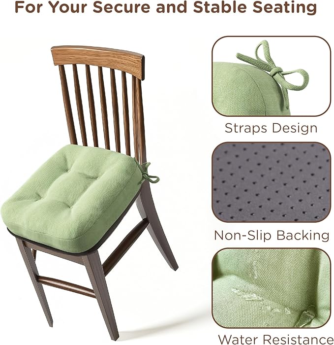 Codi 6 Pack Dining Chair Cushions, Thick Chairs Pads for Indoor Kitchen Room - Washable, Non-Slip Memory Foam Seat Cushion with Ties, 16.5"x16.5"x 3.5", Set of 6, Sage New