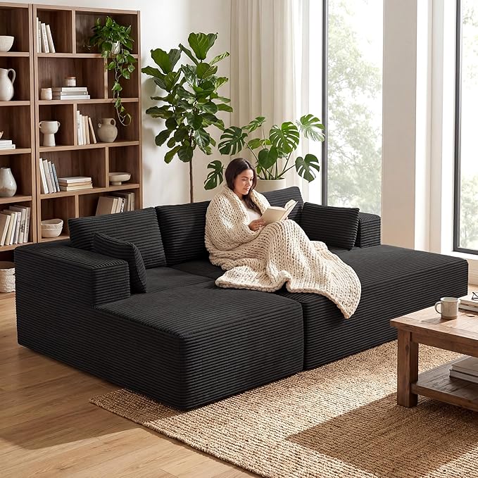 GRUSIGN 106" Oversized Sectional Boneless Sleeper Sofa Bed Couches for Living Room, Modular L Shaped Couch with Left Facing Chaise & Big Ottoman, Compressed Spineless Corduroy Cloud Sofas, Black | Deep Seat, Cat-Claw Resistant, High-Resilience Foam, Fl...
