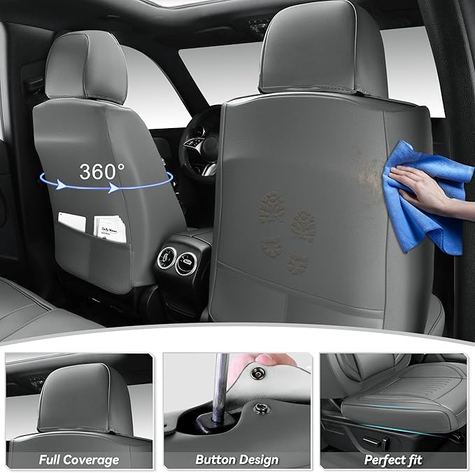CAR PASS Luxury Nappa Leather Car Seat Covers Full Set, Lumbar Support Seat Covers for Car 5 Seats, Waterproof Car Seat Protector, Automotive Seat Covers Universal Fit for Most Sedans SUV Trucks Gray