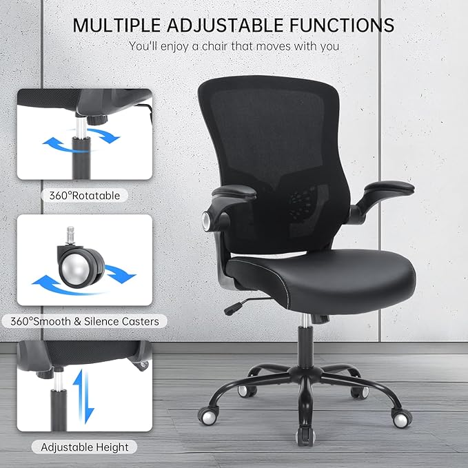 Office Chair, Ergonomic Desk Chair with Adjustable Lumbar Support Breathable Mesh Computer Swivel Chair with Flip up Armrests & PU Leather Cushion, Comfy Task Chair for Home Office, Black