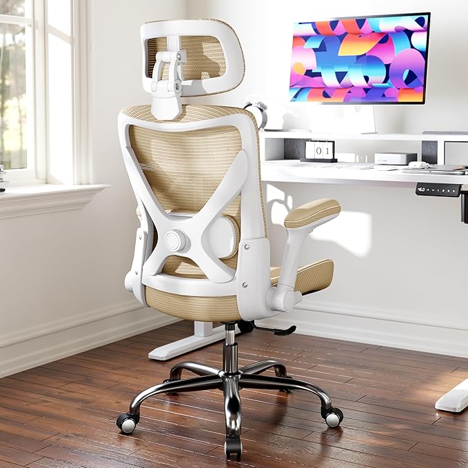 Ergalithic Office Home Ergonomic Desk Chair-Computer X-Shaped Chair Mesh PU Leather with Adjustable Lumbar Support-Executive Chair High Back with Headrest Flip-Up Arms for Long Hours (Khaki)
