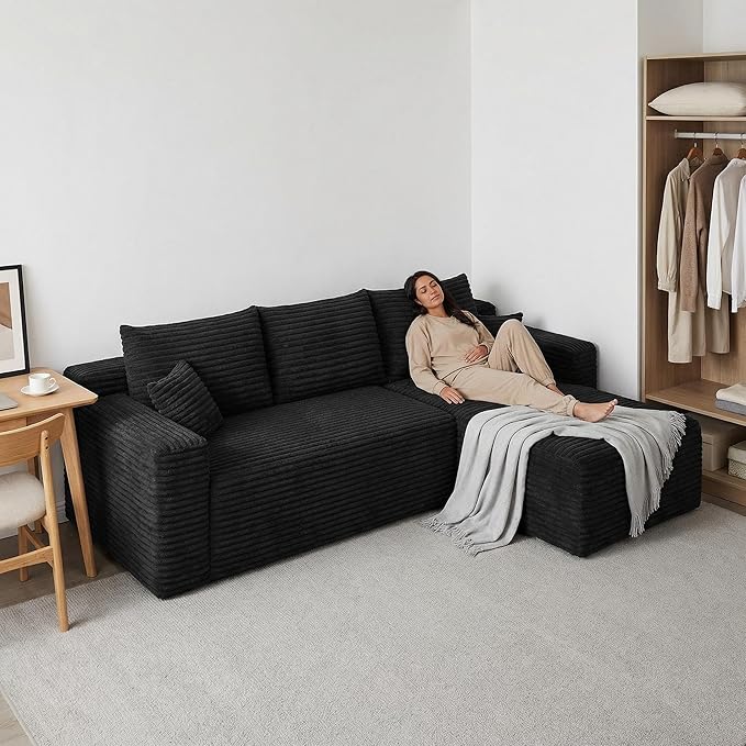 94" Boneless Couches with Right Facing Chaise for Living Room,Corduroy Sectional Couch,L-Shape Cloud Couches Compressed Memory Foam Cloud Sofa,No Assembly Required,Black