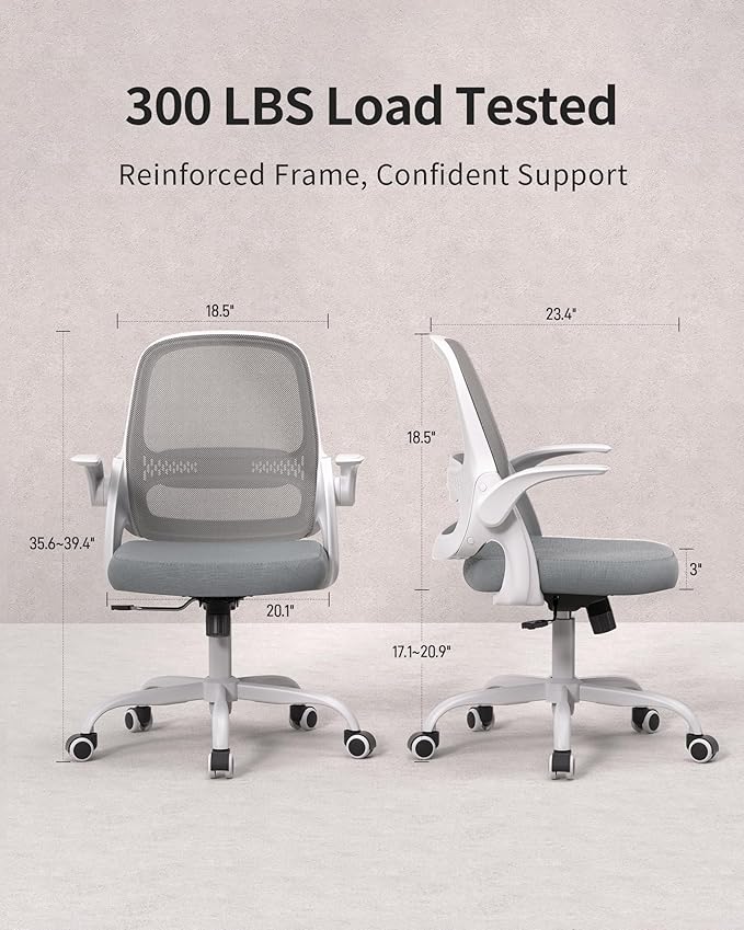 Ergonomic Mesh Office Chair with Flip-Up Arms, Adjustable Height, Breathable Mesh Back & Thick Cushion Seat, 360° Swivel Rolling Computer Desk Chair, BIFMA Certified, Supports 300 lbs (Gray)
