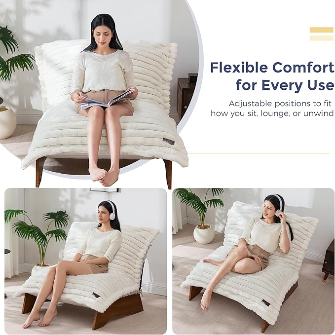 MAXYOYO Adjustable Living Room Chair, Convertible Bean Bag Chair & Recliner with Frame, Removable Cushion Floor Sofa Striped Fabric, Soft Upholstered Lounge for Bedroom, Dorm, Beige