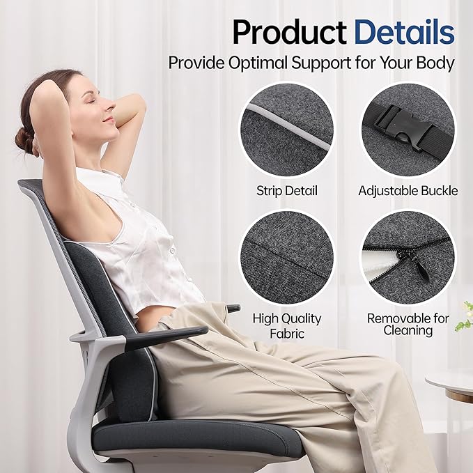 Lumbar Support Pillow for Office Chair Car Seat Gaming Chair, Memory Foam Back Support Pillow, Lumbar Cushion Back Cushion for Lower Back Pain Relief, Adjustable Strap Washable Cover-Dark Grey