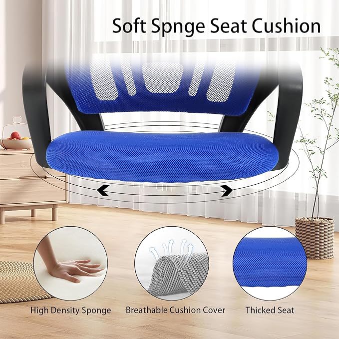Mesh Office Chair with Adjustable Lumbar - Ergonomic Desk Chair, High-Density Foam Seat & Fixed Armrests, Durable 5-Star Base, PVC Base, Blue