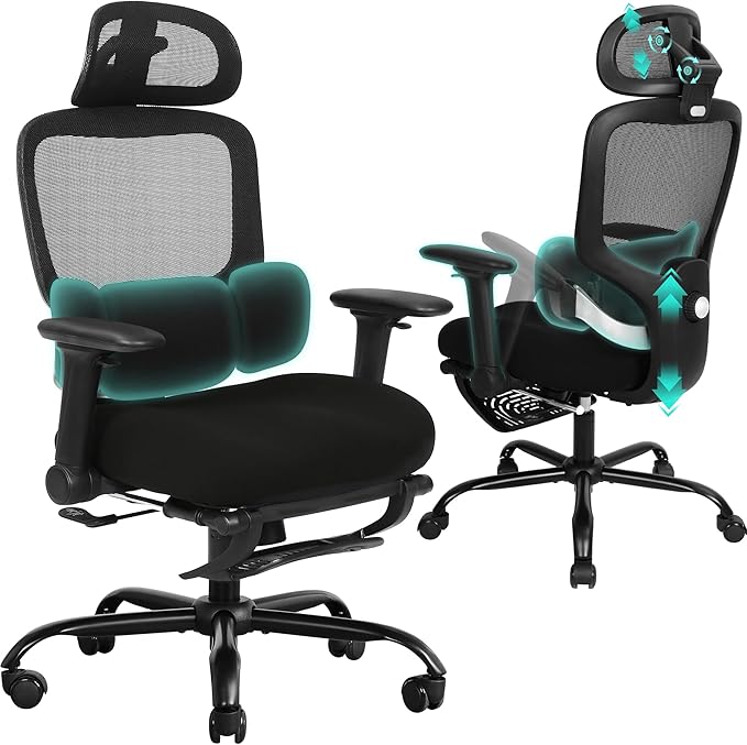 Ergonomic Office Chair with 4D Flip-Up Arms & Footrest, Mesh Desk Gaming Chair with 3D Headrest & 2D Floating Wing Lumbar Support, High Back Computer Chair for Home Office Vanity, Black