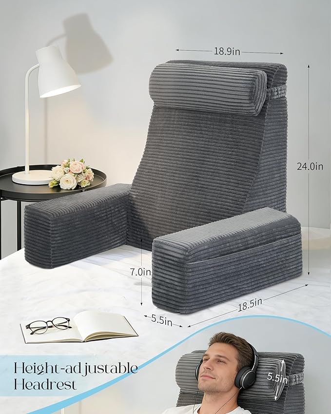 Seniny Reading Pillow for Bed Adult - 24" Back Support Pillow for Sitting Up Rest, Husband Bed Chair and Backrest Pillow with Arms, Lounge Sit Up Pillows for Dorm, Corner, Couch, Study, Watching TV