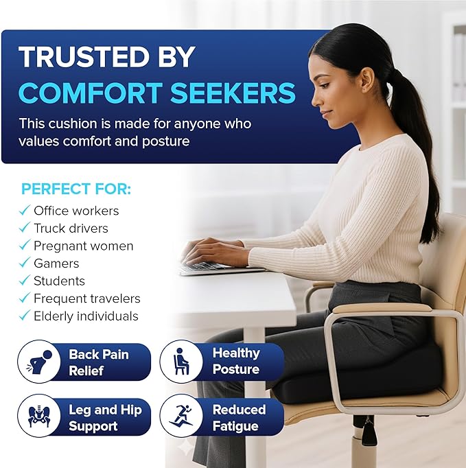 Seat Cushion for Chair, Memory Foam Seat Cushion for Tailbone Pain Relief- Ergonomic Support for Coccyx, Back & Butt- Office & Truck Ergonomic Chair Cushion, Black
