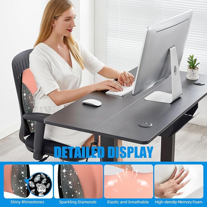 Lumbar Support Pillow with Diamond, Memory Foam Lumbar Pillow for Office Chair for Lower Back Pain Relief, Car Lumbar Support for Driving Seat, Back Support Pillow for car Chair (Pink)