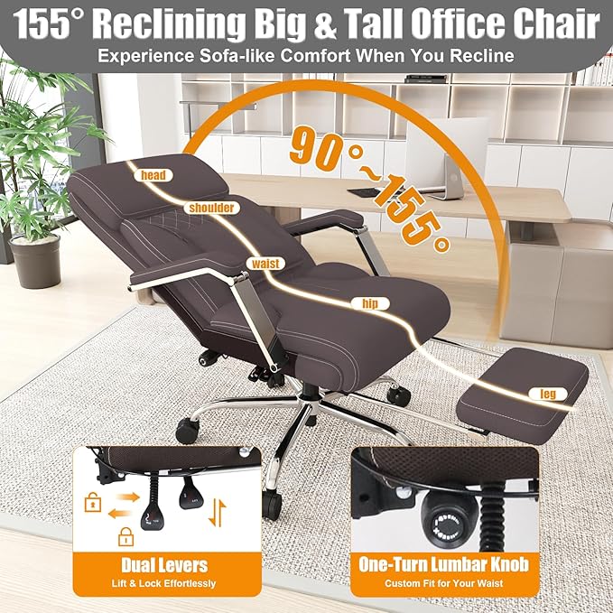 Ergonomic Executive Leather Office Chair with Footrest, Reclining Computer Desk Chair with Adjustable Lumbar Support, 360° Swivel, 400lbs Capacity
