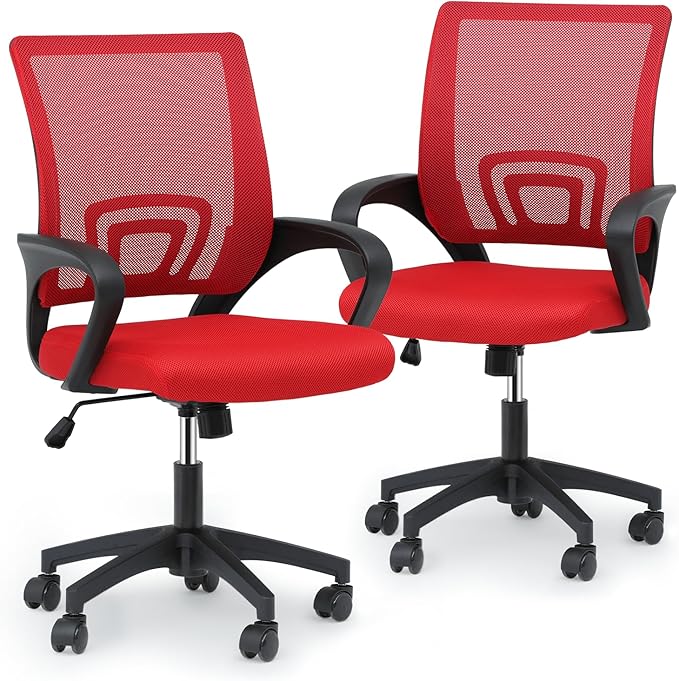 MoNiBloom Mesh Office Chair Set of 2, Ergonomic Computer Chair for Adults, Rolling Swivel Mid-Back Desk Chair with Lumbar Support, Comfy Armrest for Home Office, Gaming, Red