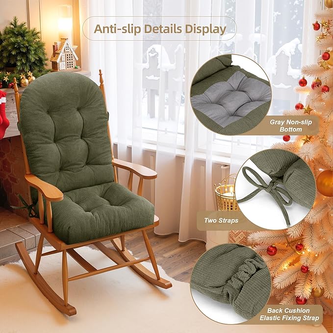 Rocking Chair Cushion - Plaid Corduroy Fabric, High-Density Sponge, Durable Comfort Non-Slip Bottom Tufted Seat Pads with Ties, Plaid Corduroy︱Reseda Green, 44x19x4 inch