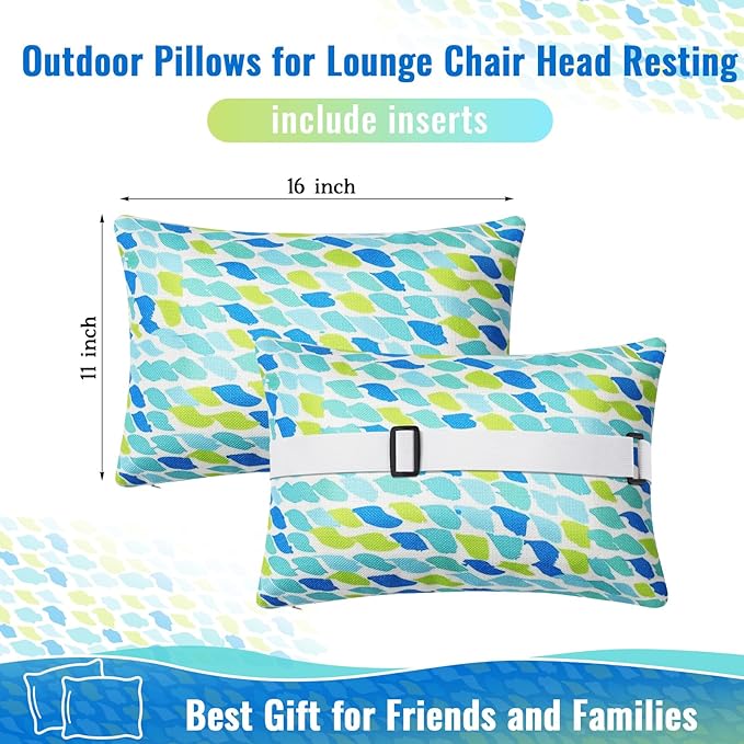 Juexica 2 Pack Chaise Lounge Pillow with Strap Outdoor Waterproof Beach Chair Neck Headrest Pillow Adjustable Elastic Band for Hammock Lumbar Recliner Pillows for Patio Pool Chair(Blue Green Pattern)
