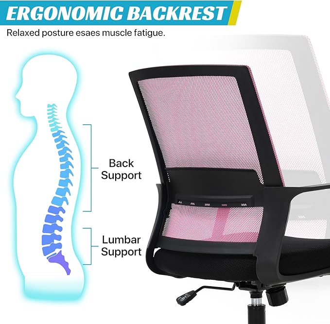 Ergonomic Office Chair, Breathable Mesh Desk Chair, Swivel Computer Chair with Wheels & Adjustable Height & Comfort Seat for Home Office, Gaming Room, Pink