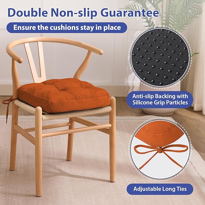 IASEAHK Chair Cushions for Dining Chairs, Dining Chair Cushions, Tufted Indoor Chair Pads with Ties & Non Slip Backing, Seat Cushions for Kitchen Chairs 16.5” x 16.5” x 3.5”, Set of 6, Orange