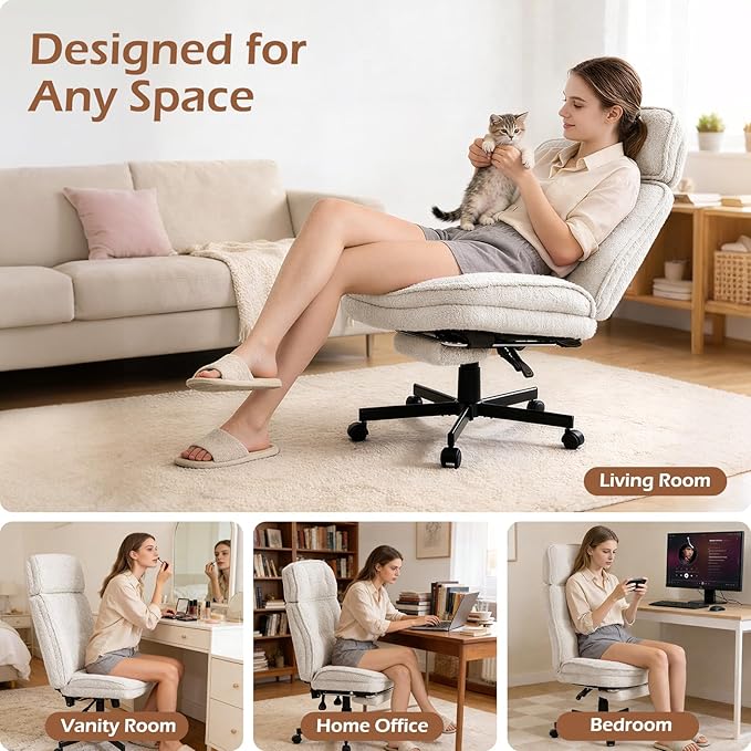 Criss Cross Chair with Wheels - Home Office Desk Chairs with Foot Rest, Morden Comfy Swivel Makeup Chair for Vanity, Ergonomic Cross Legged Office Chair with High Back & Wide Seat, White