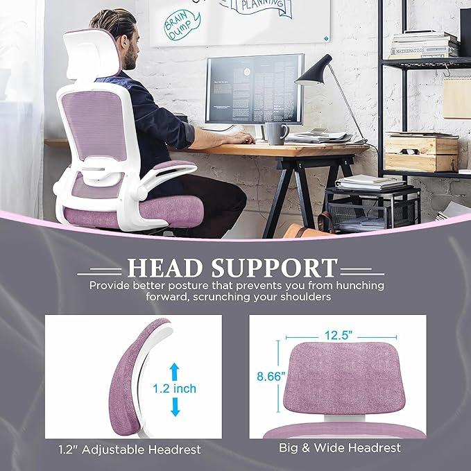 Mimoglad Office Chair, High Back Ergonomic Desk Chair with Adjustable Lumbar Support and Headrest, Swivel Task Chair with flip-up Armrests for Guitar Playing, 5 Years Warranty
