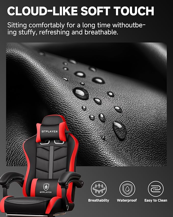 GTPLAYER Gaming Chair for Adults, Ergonomic Computer Gaming Chair with Footrest, Height Adjustable, 90-155° Recline & Removable Headrest Lumbar Support, Black&Red