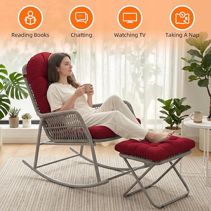 Rocking Chair Cushion Set - Soft Chenille 2-Piece Seat & Ottoman Pad, Tufted Non-Slip Design, High-Density Foam Nursery Glider Cushions, All-Season Indoor/Outdoor Rocker Comfort, Red