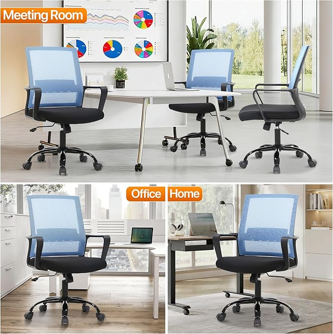 Ergonomic Office Chair, Comfortable Home Desk Chair, Breathable Mesh Back Computer Chair and Lumbar Support, Adjustable Height, Sponge Seat, Blue