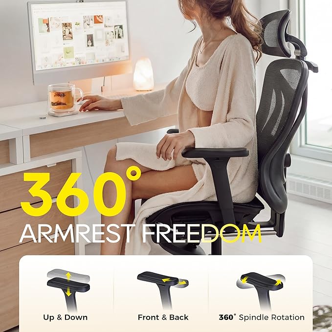 CYKOV Ergonomic Office Chair with Footrest - Adjustable Lumbar Support & Headrest, 90-160° Reclining Mesh Back Computer Chair - Home Office/Gaming, 350lbs Capacity (B-Black, Mesh)